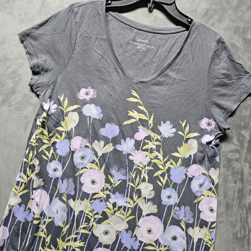 Pure Jill Pima Cotton Shirred Back Elliptical Floral Tee Gray V-Neck Medium